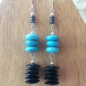 Sterling, onyx, hematite, and turquoise earrings